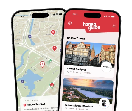 Hannover City-Guide App: Kartenansicht mit Neuem Rathaus und Touren Altstadt & Maschsee auf zwei Smartphones