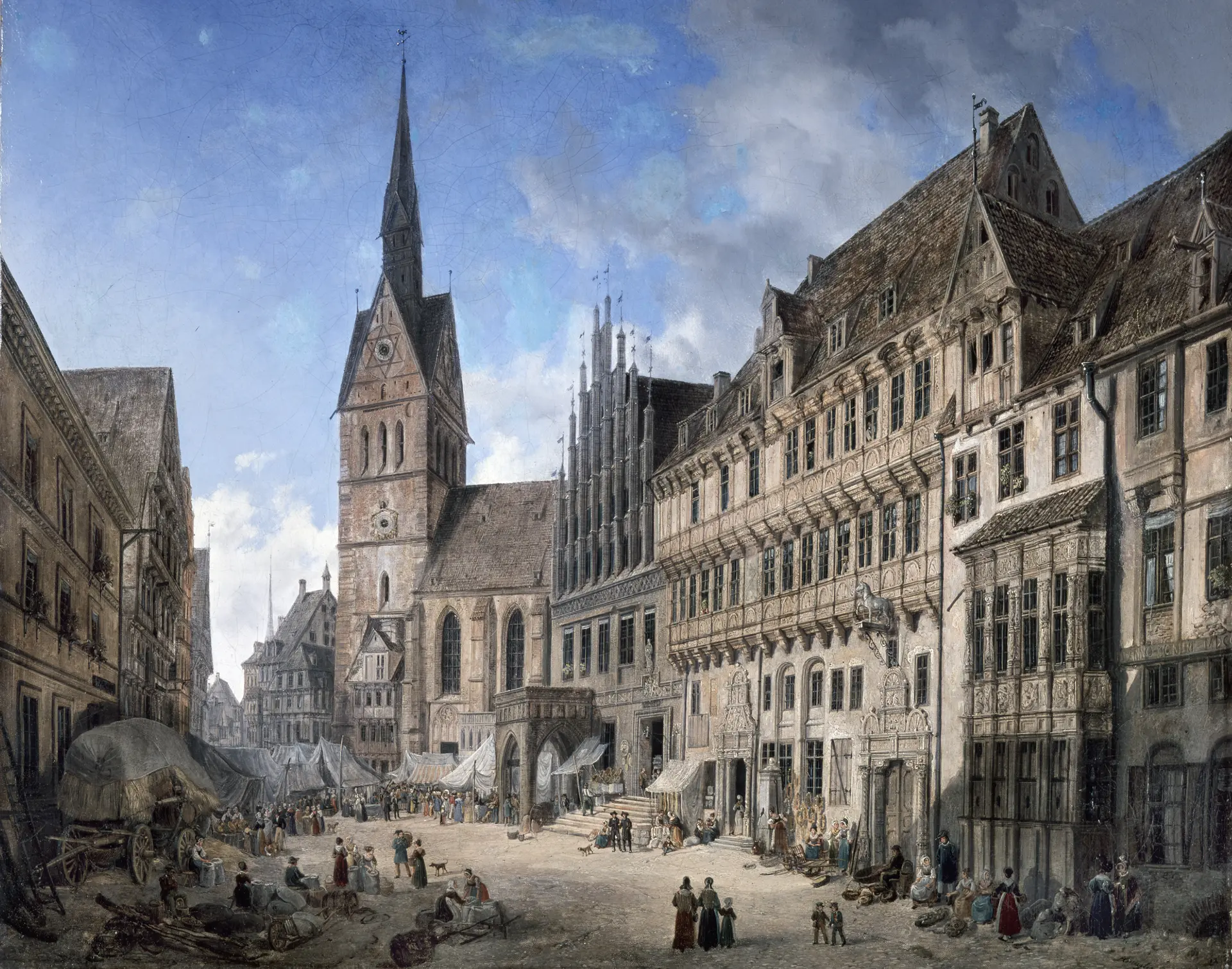 Historische Darstellung der Marktkirche mit Marktplatz und Bürgerhäusern, davor Menschen in historischer Kleidung