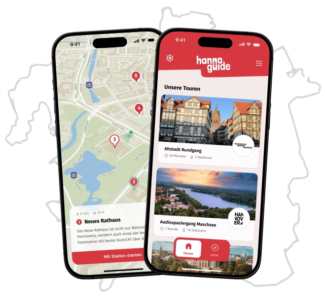 Hannover City-Guide App: Touren Altstadt & Maschsee, Karte mit Stationen am Neuen Rathaus