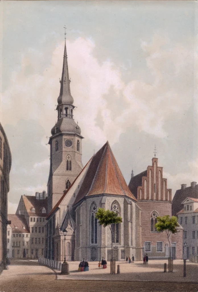 Die Kreuzkirche mit spitzem Turm, Lithografie von Wilhelm Kretschmer, um 1860