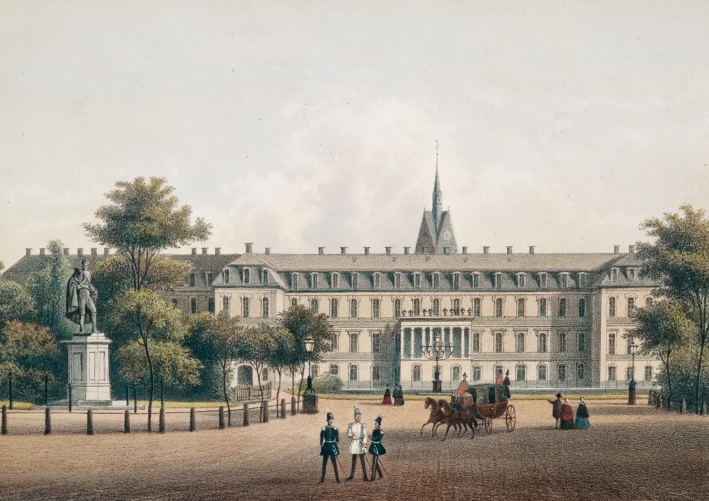 Rückseite des Leineschlosses mit Denkmal und Kutsche auf dem Platz davor – Lithografie von W. Kretschmer, um 1858
