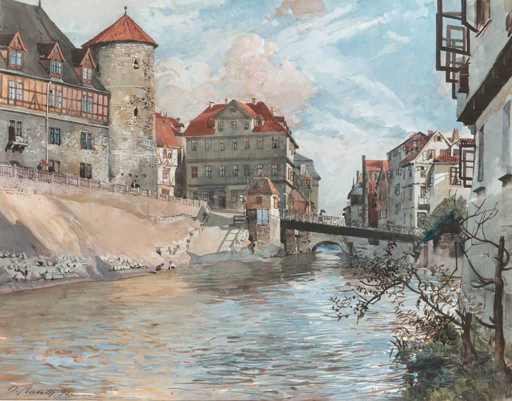 Historische Darstellung der dicht bebauten Leineinsel mit Häusern direkt am Wasser und einer Brücke über die Leine