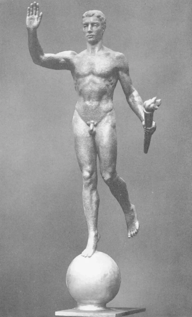 Die Statue „Fackelträger“ von Hermann Scheuernstuhl: eine nackte Männerfigur mit erhobener Hand auf einer Kugel, seit 1937 am Maschsee-Nordufer